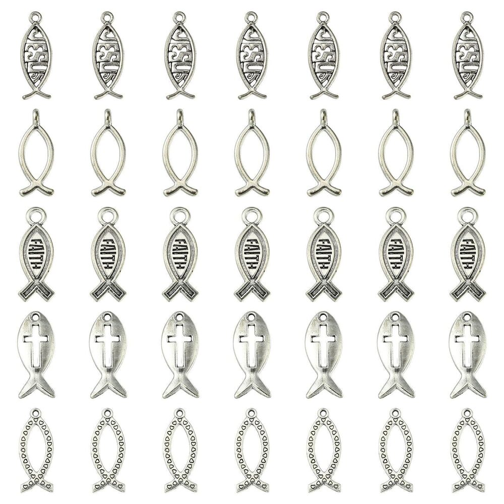 3930 100 Pcs 5 Styles Antique Silver Jesus Fish Charms Vintage Christian